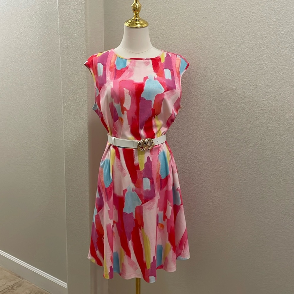 NY&Co. Pink and Red Sleeveless A-Line Sundress (BELT NOT INCLUDED)